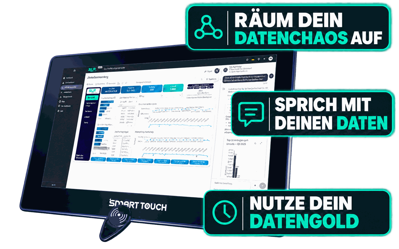 Die Suite auf einem Smart-Touch-Bildschirm, daneben die drei Kernaussagen: Räum dein Datenchaos auf, Sprich mit deinen Daten, Nutze dein Datengold